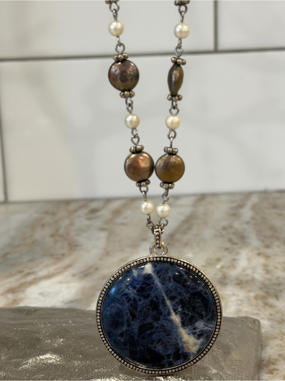 Blue Sodalite Pendant Necklace with Pearl Accents